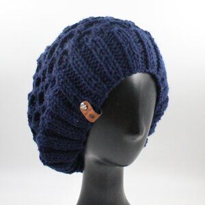 Handmade Hand Knit Acrylic Switchback Knit Hat in Navy Dark Blue